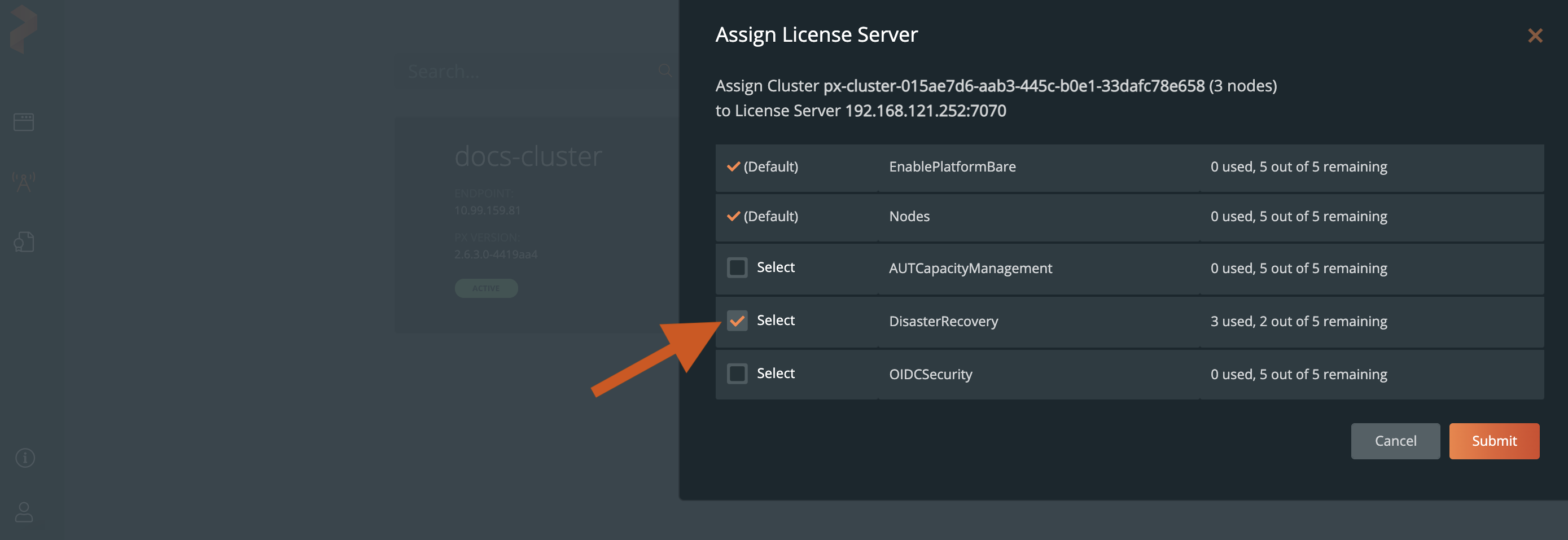Assign license server window